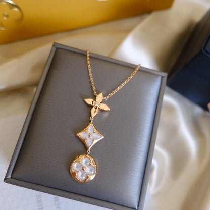 [AURORA]COLOR BLOSSOM LARIAT HALSKETTE ROSA GOLD WEISS PERLMUTT UND DIAMANT