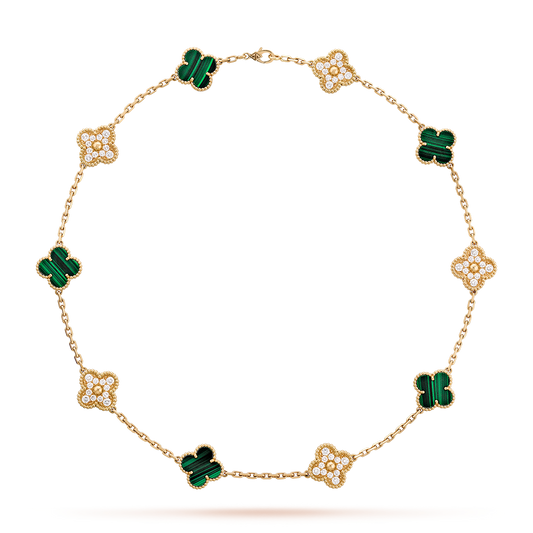 [AURORA]CLOVER 10 MOTIFS MALACHITE DIAMOND NECKLACE