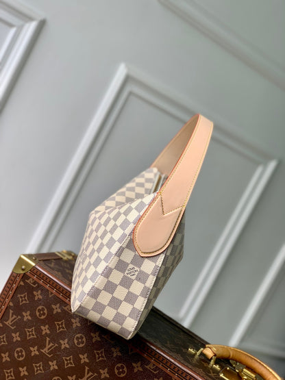 SLOUCHY PM 33 IN WHITE GREY CHECKERBOARD PATTERN DAMIER AZUR COATED CANVAS
