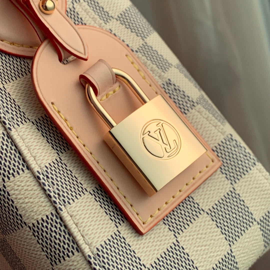 SLOUCHY PM 33 IN WHITE GREY CHECKERBOARD PATTERN DAMIER AZUR COATED CANVAS