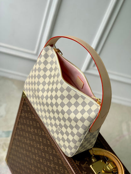 SLOUCHY PM 33 IN WHITE GREY CHECKERBOARD PATTERN DAMIER AZUR COATED CANVAS