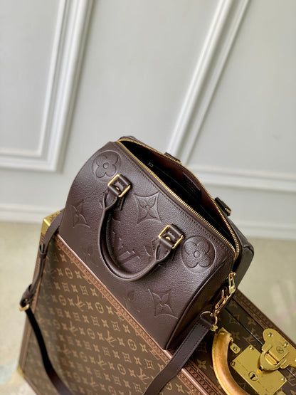 SPEEDY BANDOULIERE 25 IN DARK BROWN MONOGRAM EMPREINTE CALFSKIN EMBOSSED LOGO