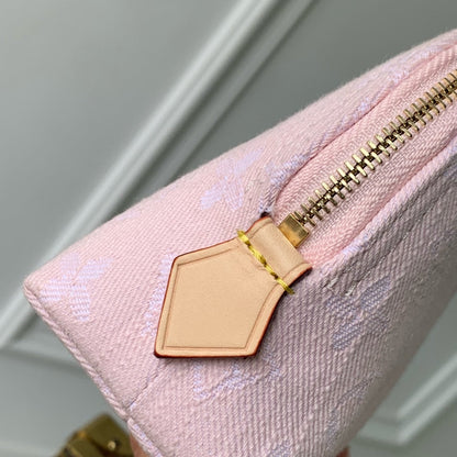COSMETIC POUCH 19 IN PINK MONOGRAM DENIM GOLD HARDWARE
