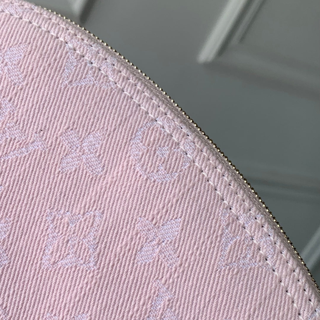 COSMETIC POUCH 19 IN PINK MONOGRAM DENIM GOLD HARDWARE