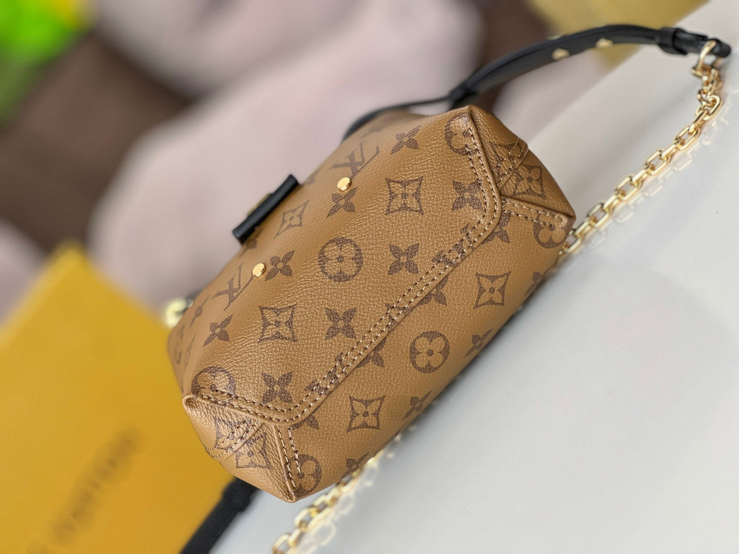 LV 25S ATLANTIS BB 17 IN CARAMEL BEIGE MONOGRAM COATED CANVAS LEATHER TRIM BLACK
