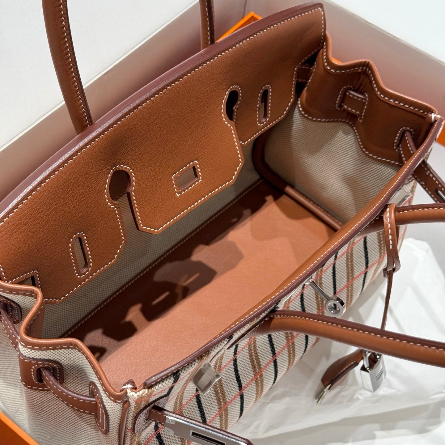 BIRKIN SHOULDER 29 IN GOLD CALFSKIN ÉCRU/BEIGE/FAUVE/ROSE POP/NOIR EMBROIDERY PLAID CANVAS