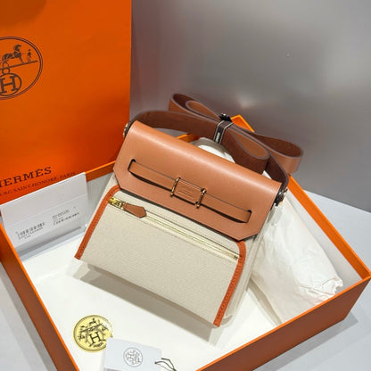 HERMES 25S MINI HERBAG 20 IN BEIGE AND BROWN CANVAS GOLD HARDWARE
