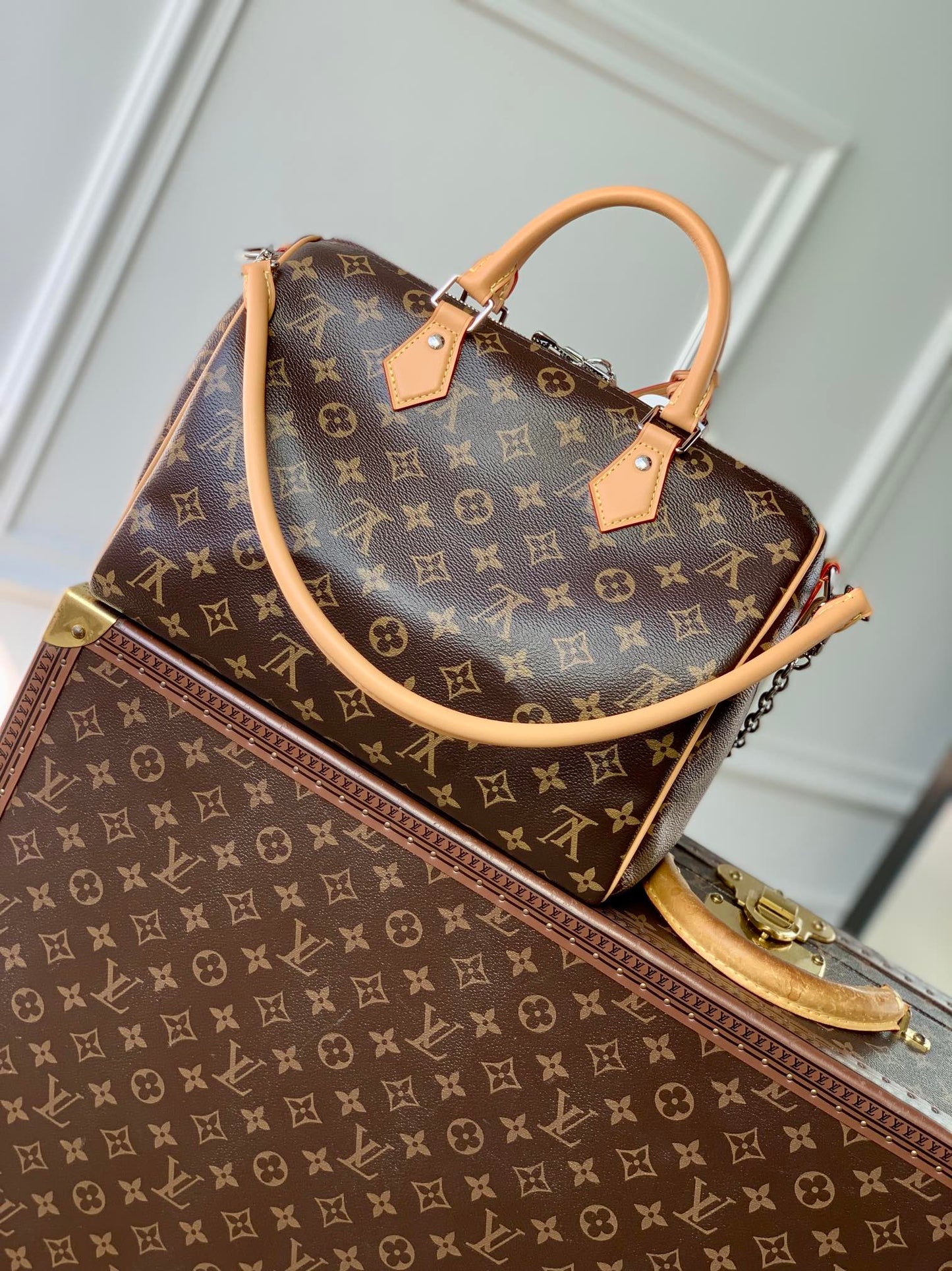 SPEEDY SOFT CRAFTY 30 IN BROWN LV MONOGRAM CALFSKIN RED TAG