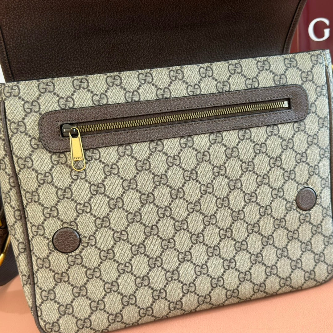 GUCCI 25S OPHIDIA LARGE CROSSBODY BAG 33 IN BEIGE CANVAS AND BROWN CALFSKIN