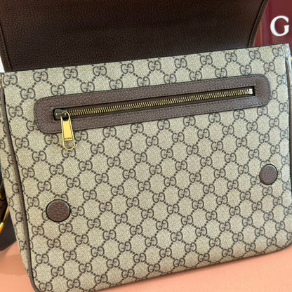 GUCCI 25S OPHIDIA LARGE CROSSBODY BAG 33 IN BEIGE CANVAS AND BROWN CALFSKIN