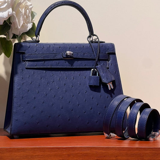 KELLY SELLIER 25 BAG IN NAVY BLUE OSTRICH LEATHER WITH SILVER HARDWARE (MADE-TO-ODER)