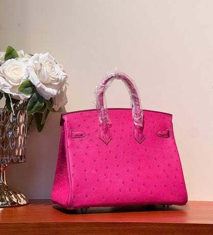 KELLY SELLIER 25 BAG IN BRIGHT PINK OSTRICH LEATHER WITH SILVER HARDWARE (MADE-TO-ODER)