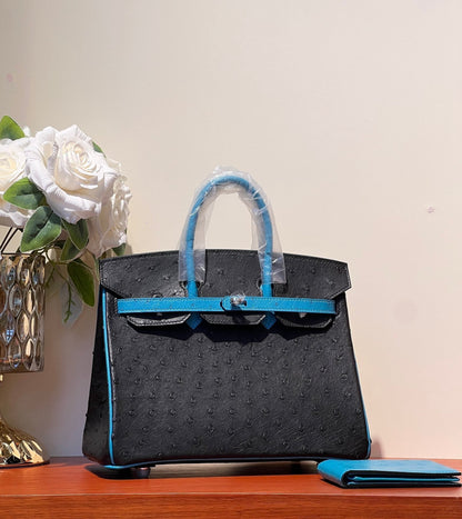 KELLY  SELLIER 25 BAG IN BLACK MIX OCEAN BLUE OSTRICH LEATHER (MADE-TO-ODER)