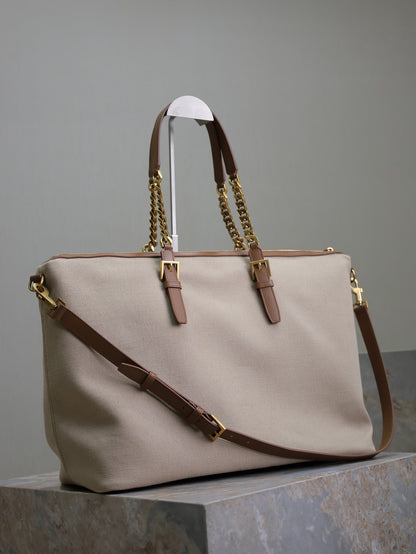 TRAVEL BAG 48 IN WHITE CANVAS AND BROWN LEATHER TRIM GOLD HARDWARE