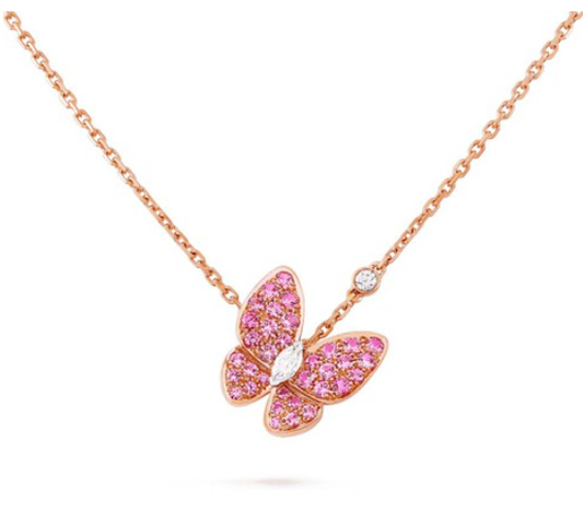 [basloveJW]HALSKETTE MIT ROTEN DIAMANTEN UND SCHMETTERLINGEN AUS ROSÉGOLD
